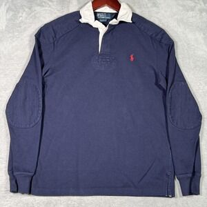 Polo Ralph Lauren Rugby Shirt Mens Small Blue Long Sleeve Custom Fit Elbow Patch